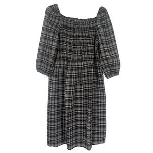 Loft Milkmaid Smocked Midi Dress Sz XL Cottage Preppy Fall Academia Puff Plaid